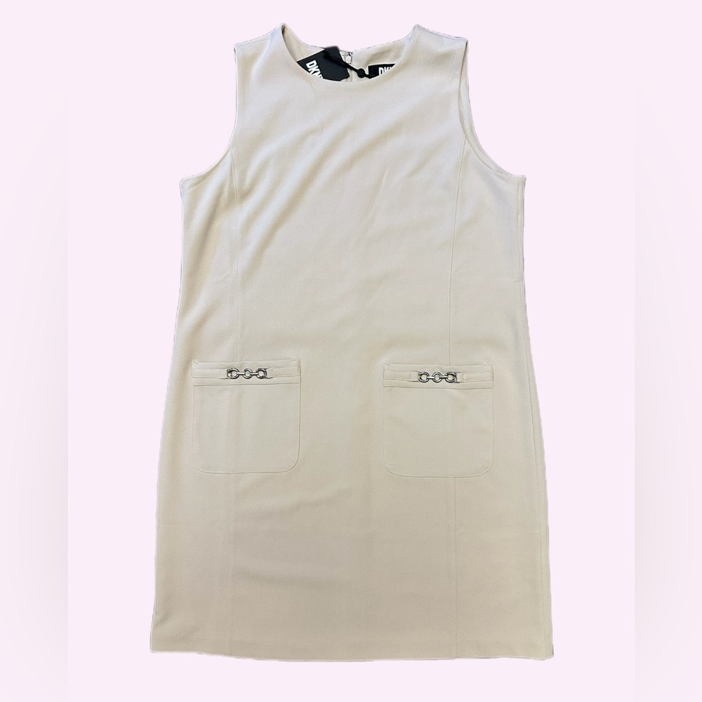 DKNY Cream Mini shift Dress with Chain Detail & pockets NEW size 10